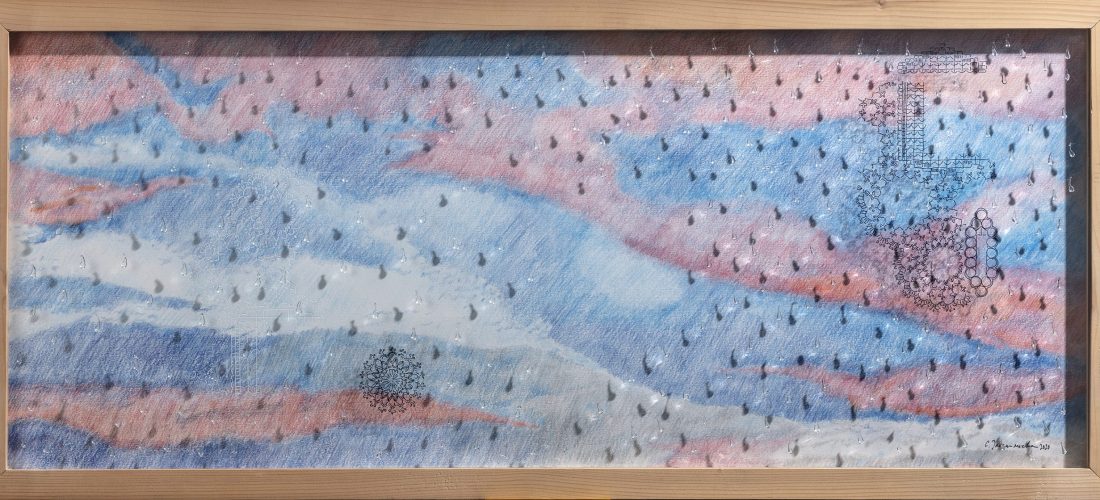 „Топло небо 2"; дрвени бои на хартија, фломастер и силикон на стакло; 41х100х3см.; 2020