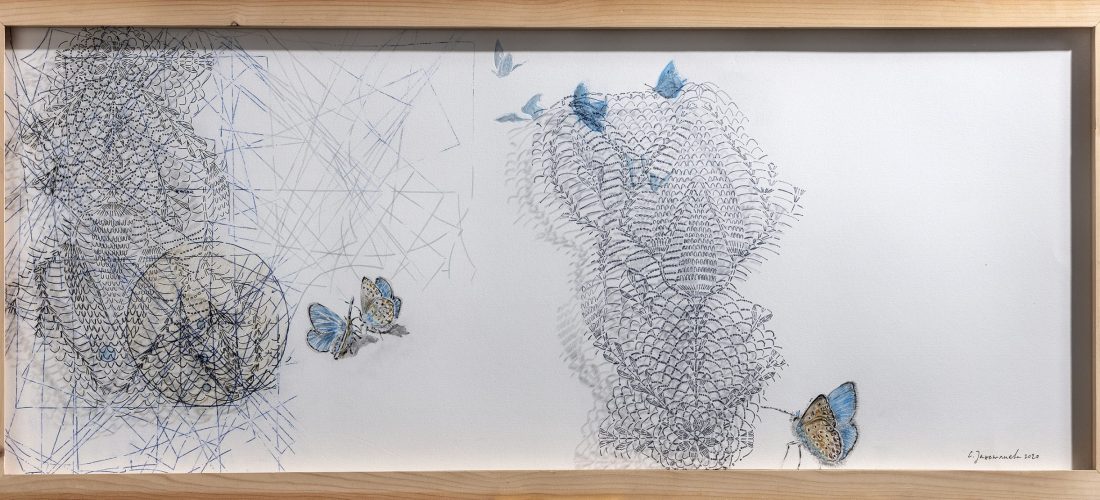 Трансформација - дрвени бои и молив на хартија, фломастер на стакло; 41х100х3см.; 2020